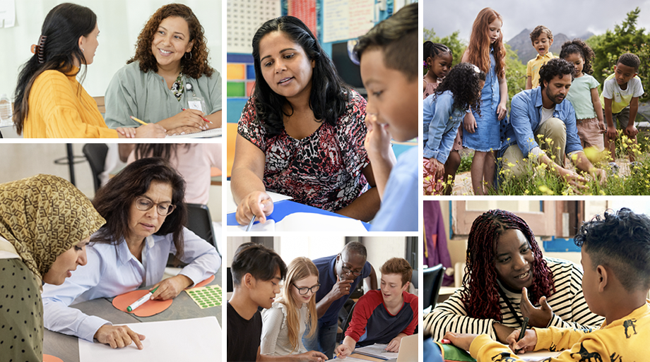 Collage of student teachers and professors working collaboratively.